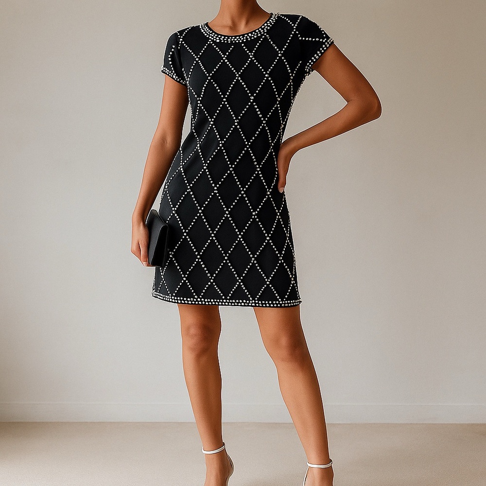 Betsy & Adam Black Mini Dress with White Diamond Embellished Pattern Size 10P